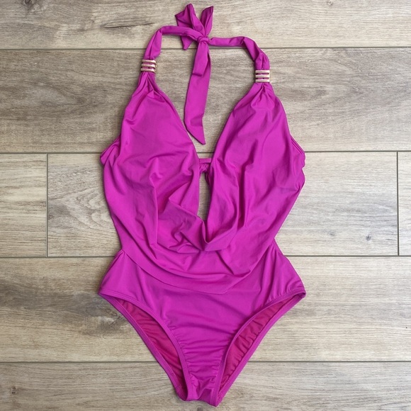 Bar III Cowl Neck Monokini hot pink one piece bathing‎ suit backless - Picture 4 of 14